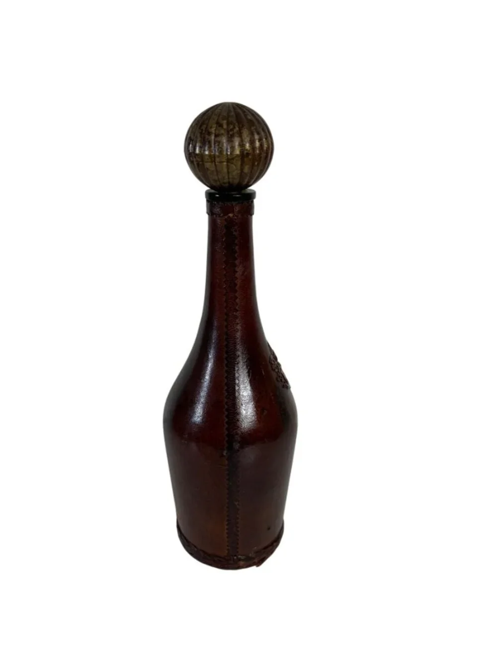 Italian Leather Covered Decanter Bottle Globe Stopper VTG MCM Barware Decor